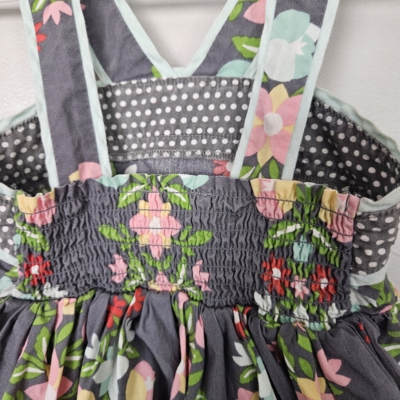 Matilda Jane Toddler Girl 2 Grey Floral Apron Dress Mixed Media Smocked Pink Dot - Picture 6 of 7